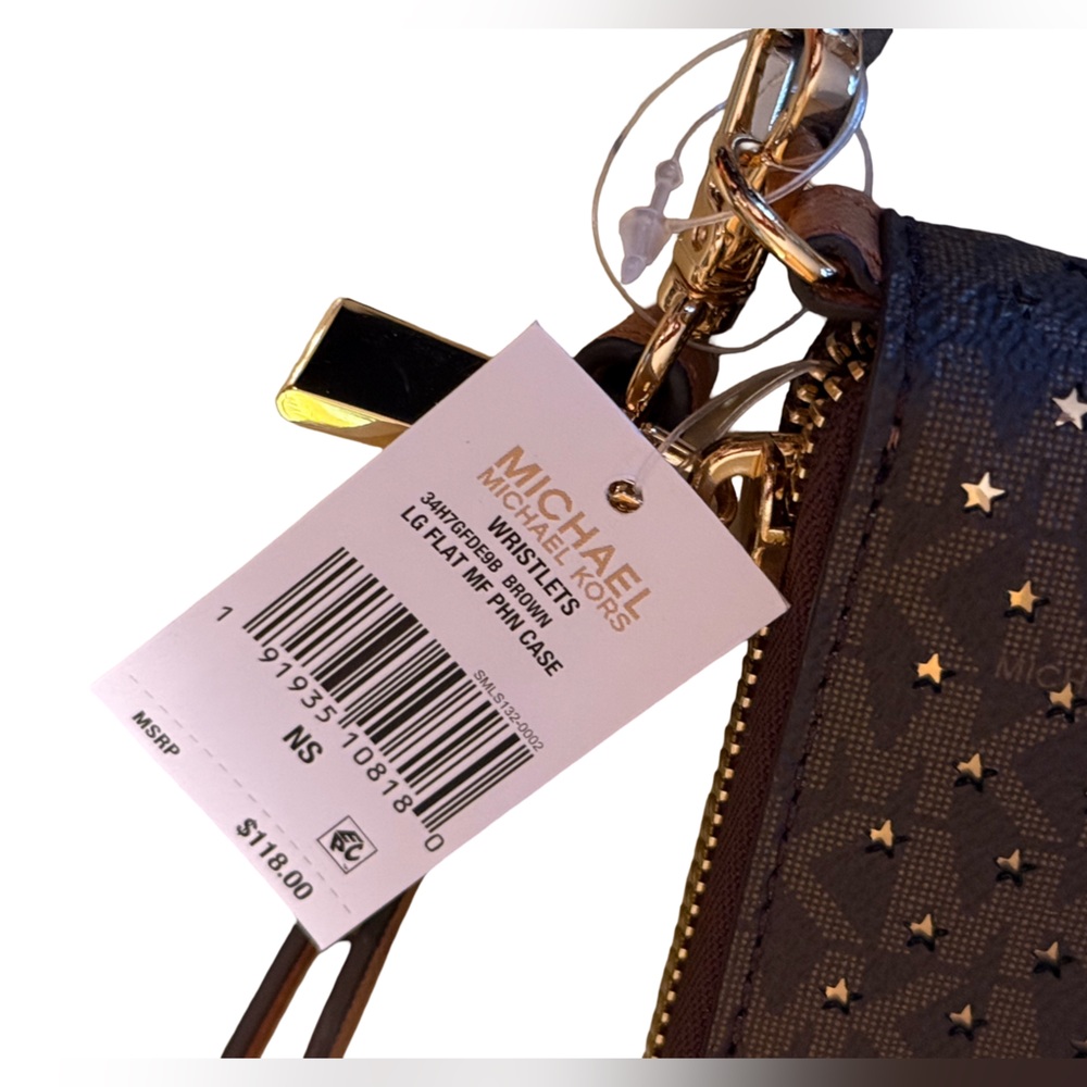 Michael Kors NWT Brown Perforated Gold Stars Multi-Function Wristlet (P218) - Picture 4 of 10